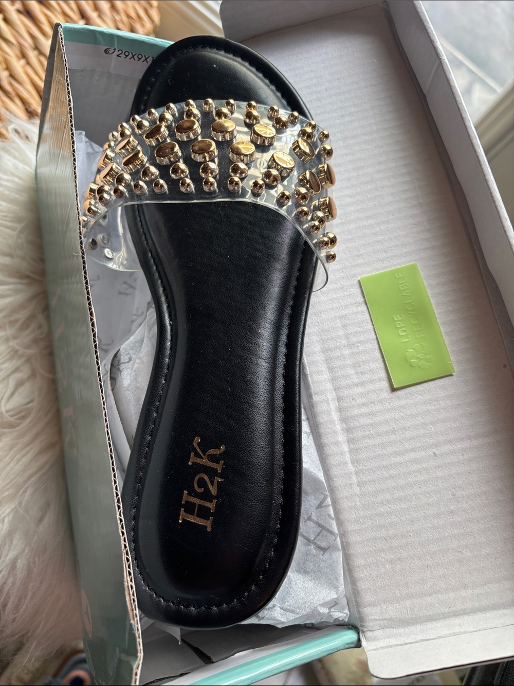 H2K Black Slide Sandal with Gold Stud Embellished Clear Strap